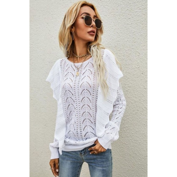 Openwork Round Neck Ruffled Sweater - Picture 3 of 16